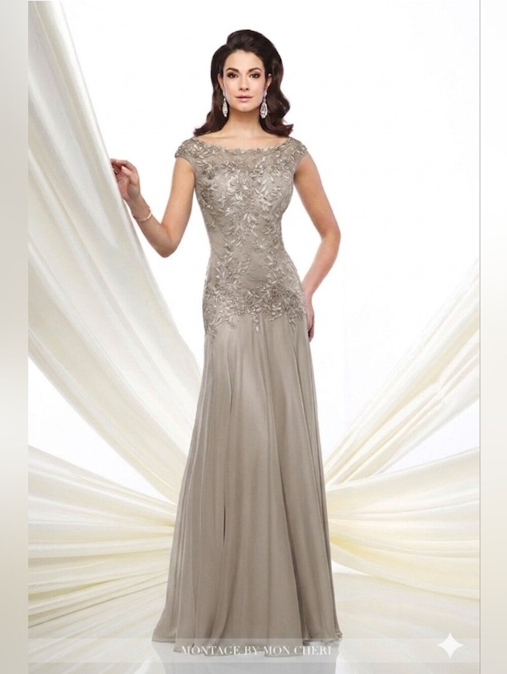 NWOT Montage by Mon Cheri Size 14 Beige/Gray Lace Embroidered Gown